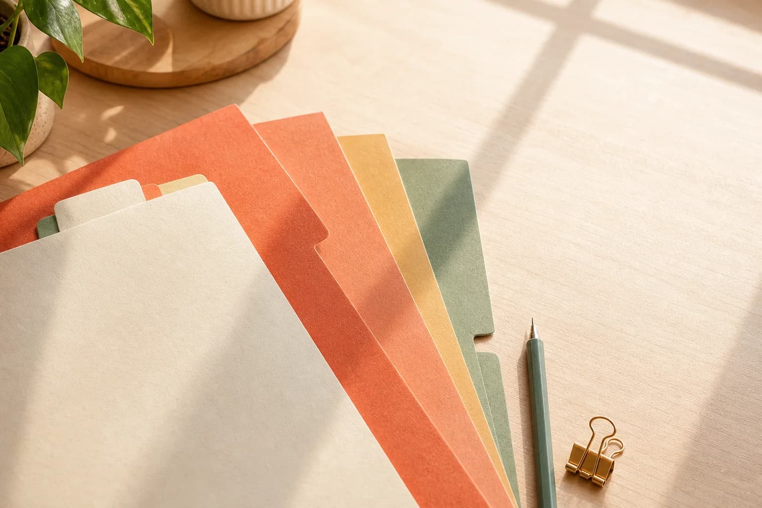 A fan of orange, terracotta, ochre, and sage folders on a wooden desk in window light